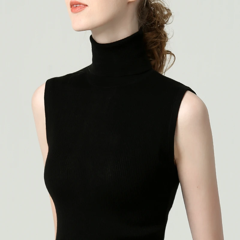 春秋打底高领黑色无袖修身莫代尔女薄砍袖堆堆领背心假领子