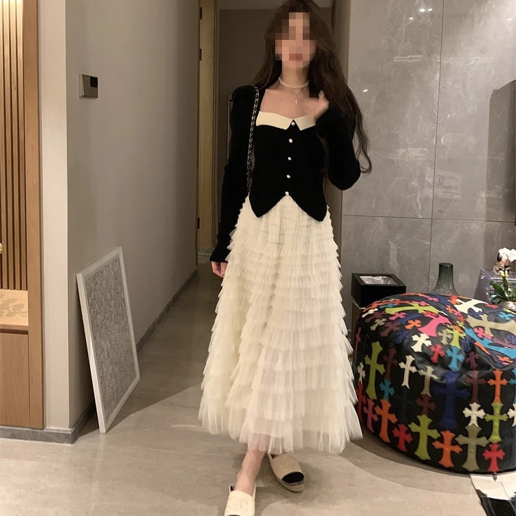 新款纯色高腰网纱蛋糕裙2023春夏季设计感氛围感小个子半身摆裙