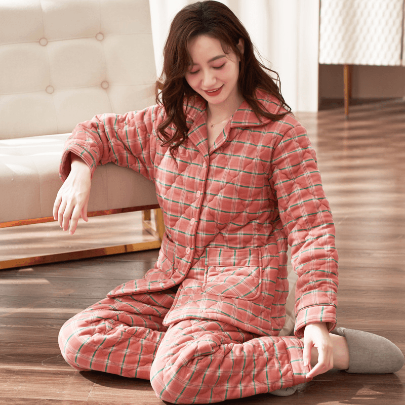 纯棉夹棉睡衣女冬季三层加厚全棉时尚休闲保暖家居服冬款套装时尚