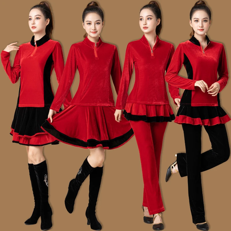广场舞服装金丝绒套装秋冬新款拼接运动健身加厚舞蹈服裙裤女