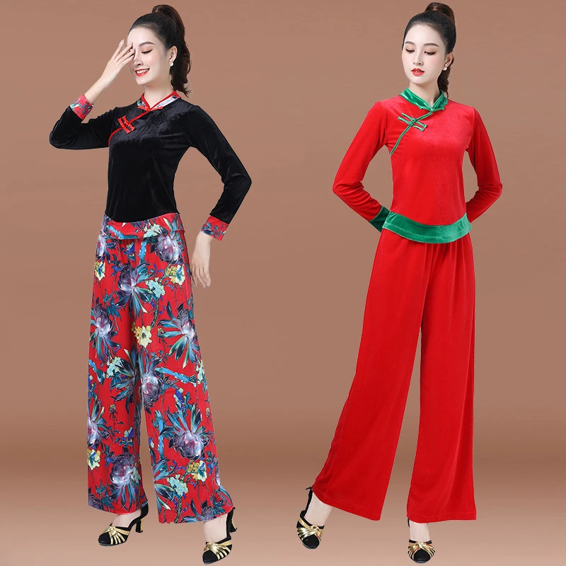 广场舞服装女成人上衣新款金丝绒长袖套裙秧歌服演出服秋季冬