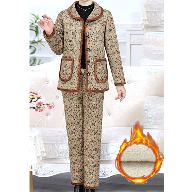 冬季加绒保暖棉服两件套妈妈装碎花棉衣棉裤女两件套宽松大码棉袄