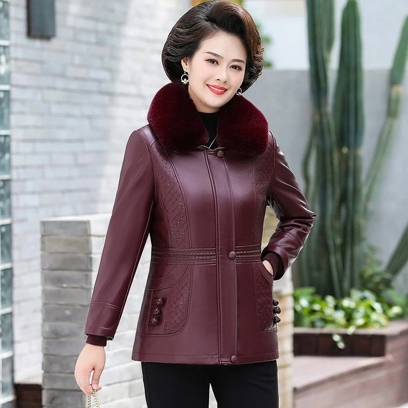 女士皮衣秋冬外套妈妈装加绒加厚皮棉衣宽松大码中长款毛领外套