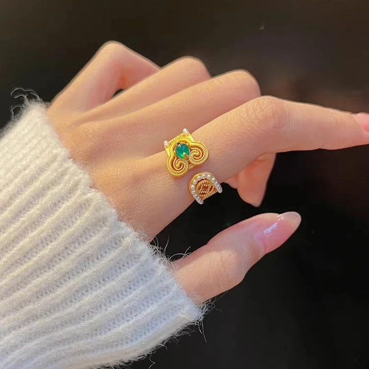 铜合金仿珍珠戒指 新中式古风如意可调节戒指女指环轻奢高级感戒