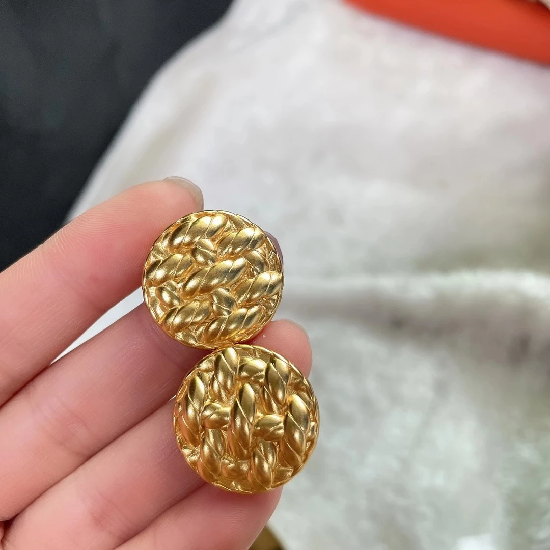 铜合金耳饰 法式金属编织纹圆形耳钉复古时尚耳环