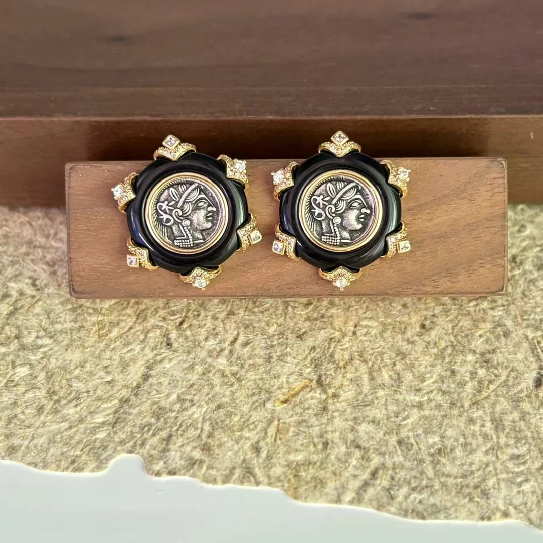 铜合金合成锆石耳饰 古希腊雅典娜古币耳环女复古时尚百搭耳钉