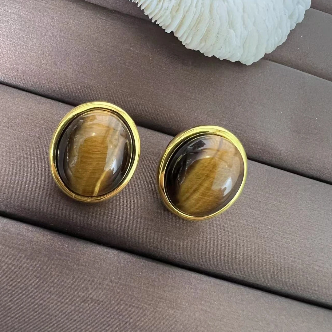 铜合金树脂耳饰 法式椭圆几何石头耳环女百搭时尚通勤耳钉