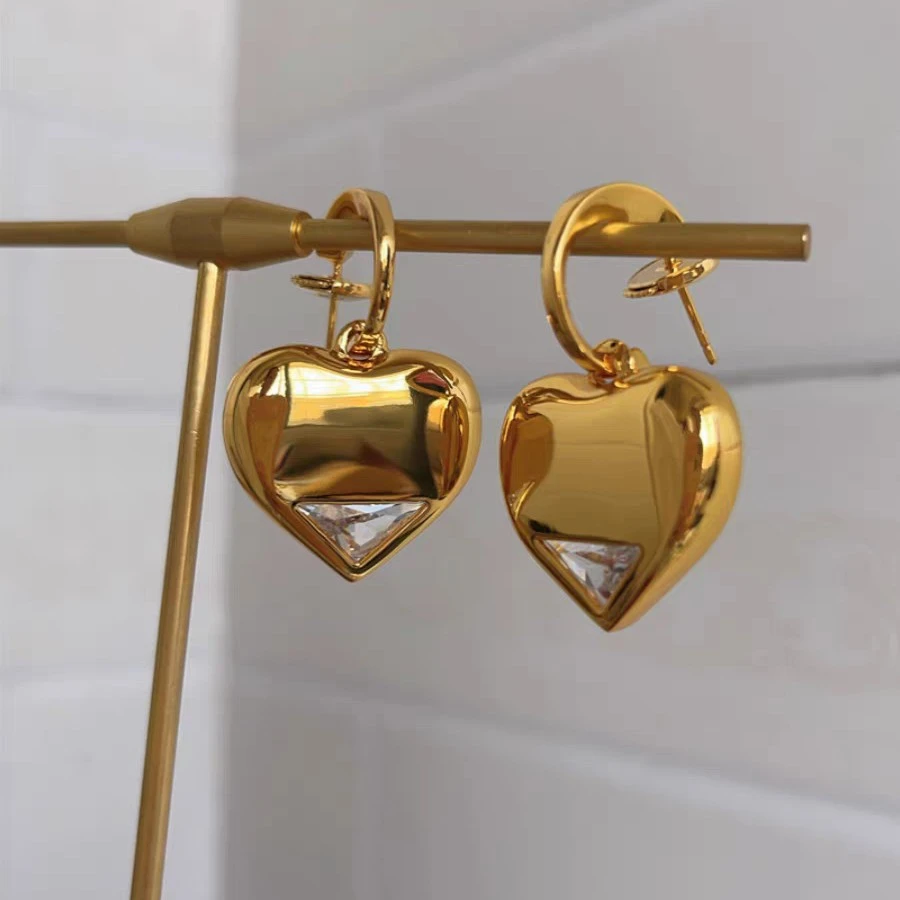 铜合金合成锆石耳饰 法式复古精致镜面爱心耳环女高级感小众耳饰
