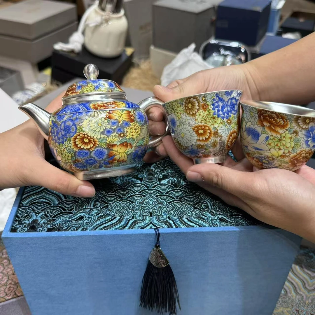 周鸿杰鎏银花团锦簇茶壶套组  1517