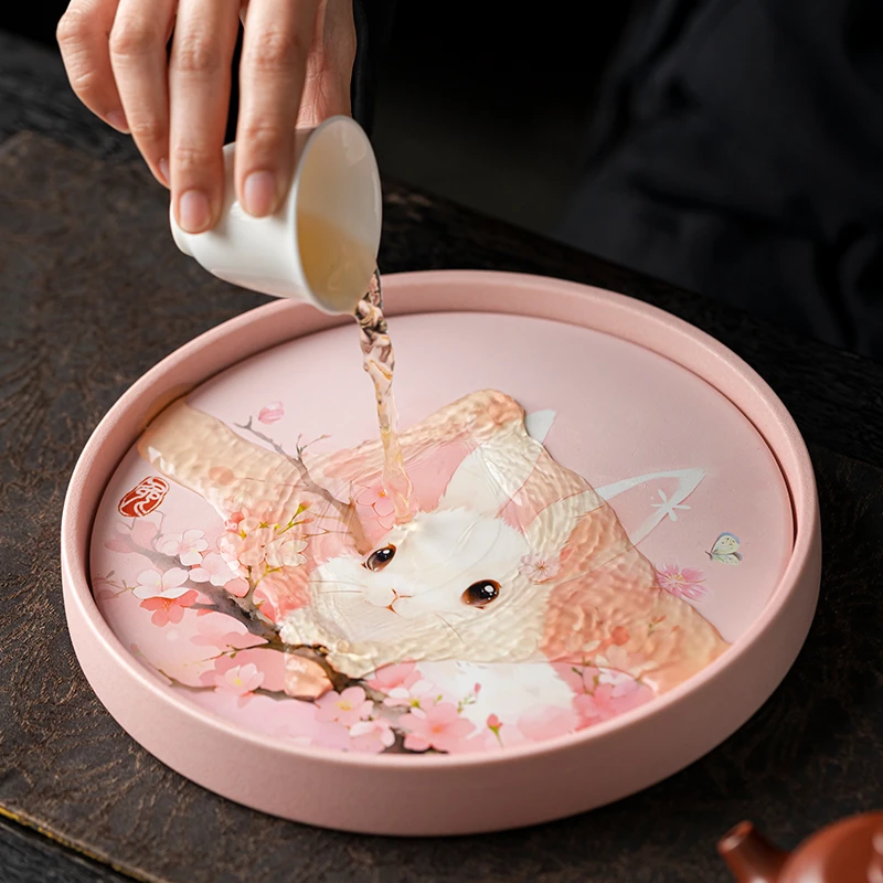 粉色陶瓷萌兔圆形茶盘  2306
