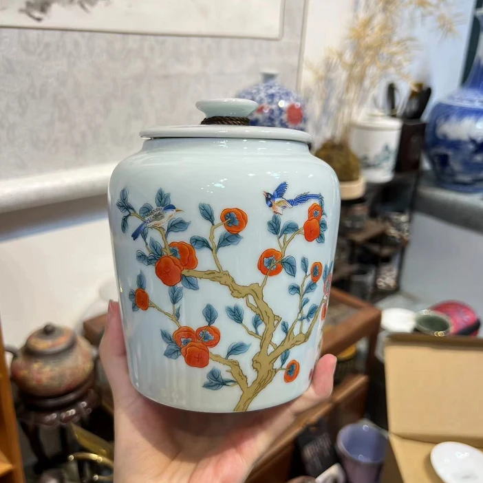 青瓷柿柿如意茶叶罐陶瓷功夫茶具密封防潮储存罐茶道配件5133