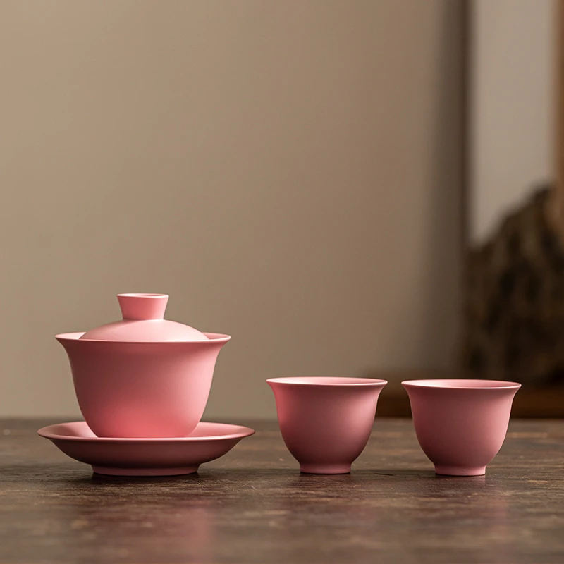 胡子 叶林强粉紫砂八方来财三才盖碗加俩杯 粉色组合 3484+3475