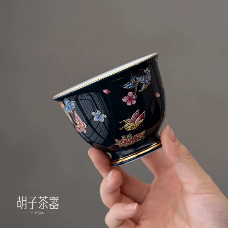 胡子 珐琅彩主人杯家用陶瓷茶杯高脚内绘蝶恋花女士品茗杯 5325
