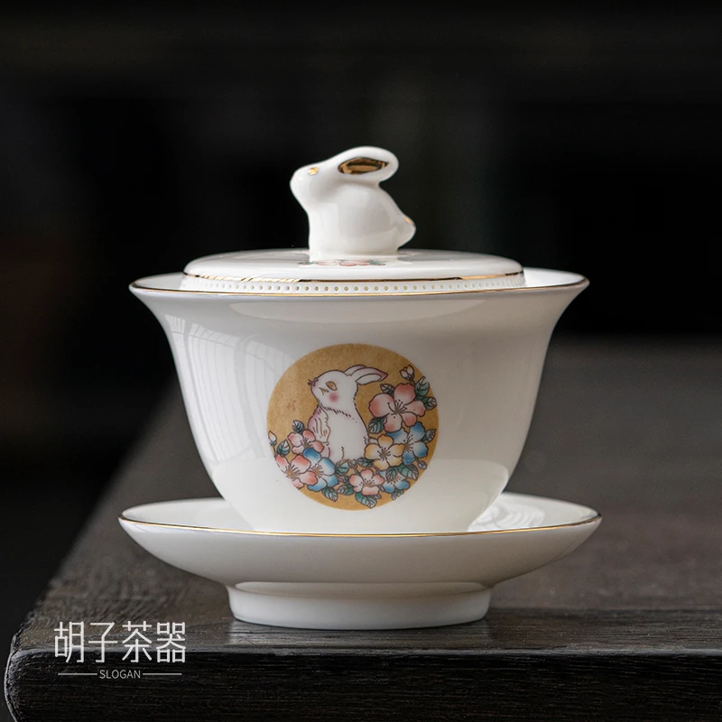 胡子 陶瓷茶具盖碗家用三才茶碗樱花玉兔免过滤泡茶器茶杯  3358
