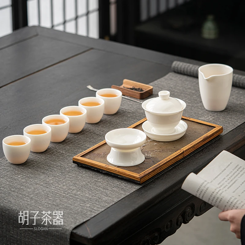 胡子 高端茶具羊脂玉瓷10入盖碗茶具套装办公家用功夫泡茶器D014