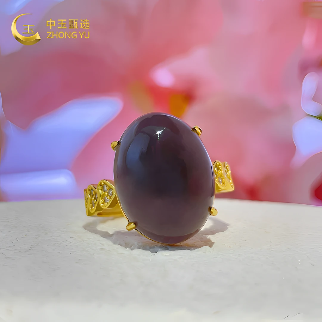 中玉甄选紫霞 | S925银天然和田玉烟紫蛋面戒指气质 16*12*6mm