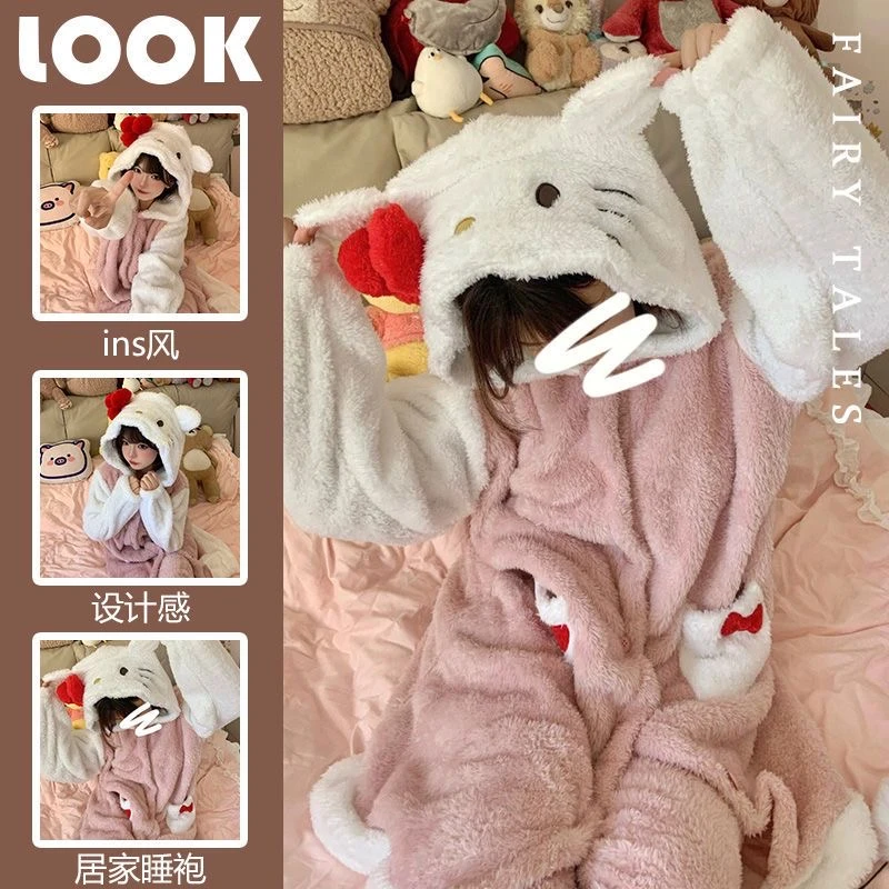 kt猫睡衣女秋冬季2023年新款珊瑚绒网红睡袍加厚加绒长款家居套装