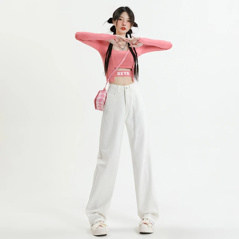 窄版阔腿直筒白色牛仔裤女2024春季新款高腰小个子垂感拖地长裤子