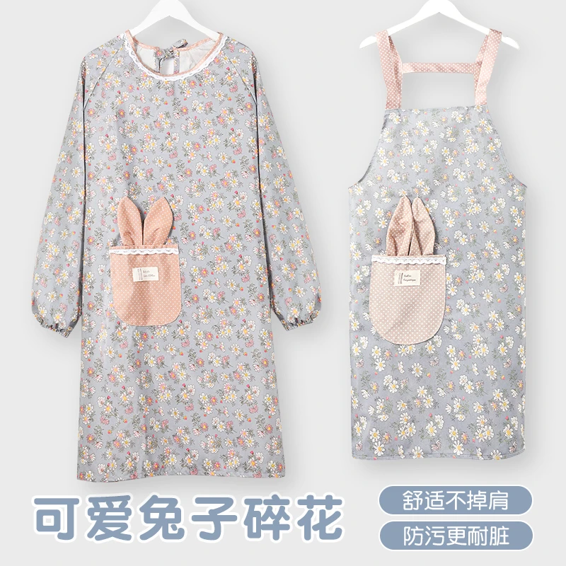 网红可爱洋气时尚透气帆布成人围裙做饭罩衣长袖防污防水防油围裙