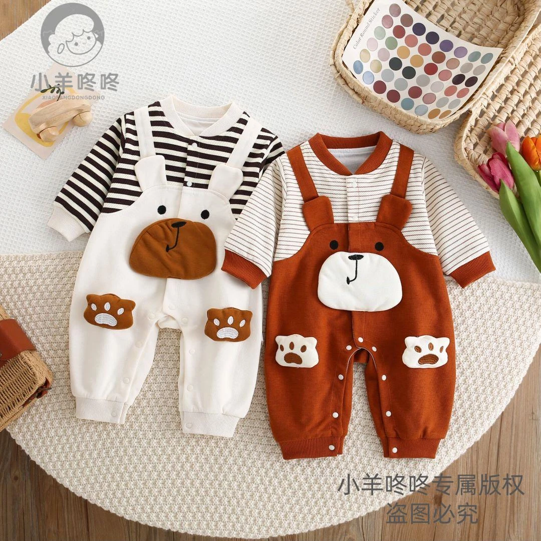 春秋新款条纹拼接熊脸假背带双层宝宝衣服婴幼儿衣服童装儿童衣服