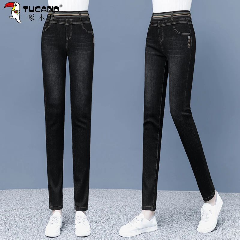 加绒牛仔裤女冬季高腰裤子加厚冬天弹力紧身松紧腰小脚裤秋冬大码