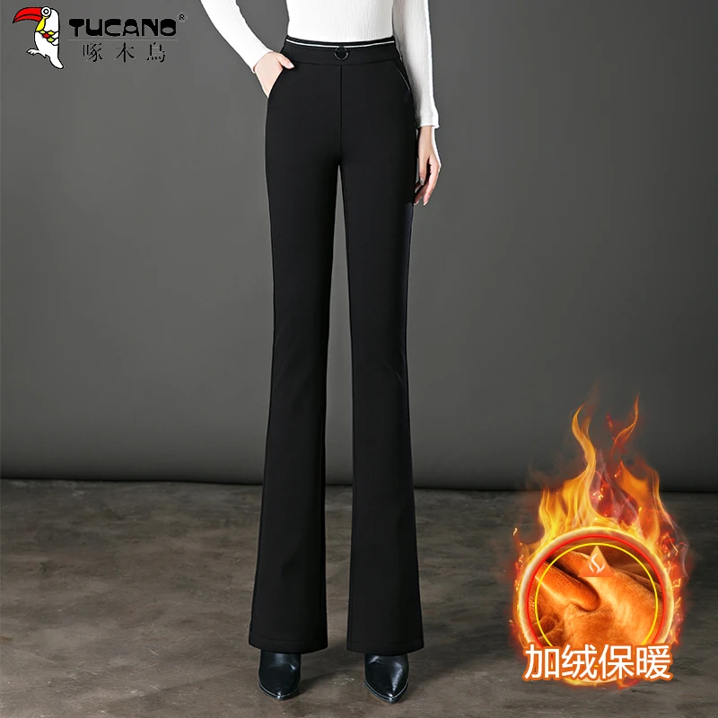 高腰黑色加绒微喇裤女显瘦秋冬季新款松紧腰休闲裤直筒大码喇叭裤