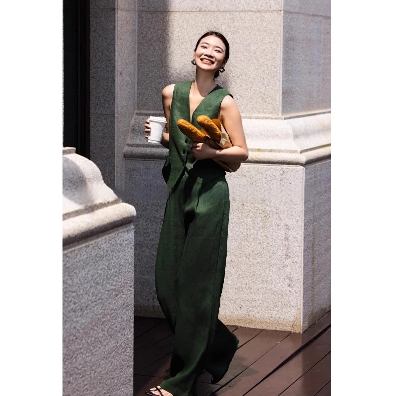 亚麻气质套装女夏季2025新款时尚休闲度假老钱风马甲阔腿裤两件套
