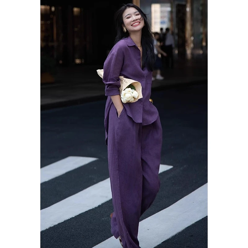 紫色春季亚麻衬衫套装女老钱风高级感穿搭减龄洋气时尚长裤两件套