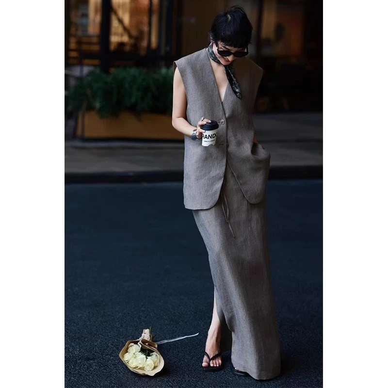 老钱风亚麻气质套装裙女夏季通勤高级无袖西装马甲阔腿长裤两件套