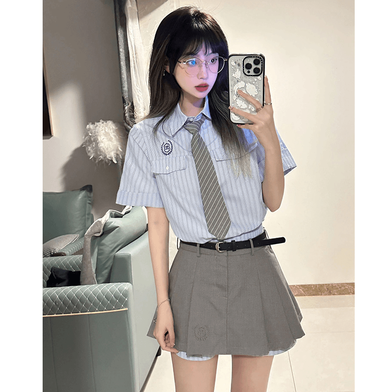美式学院风jk制服套装女夏季减龄小个子穿搭条纹衬衫百褶裙两件套