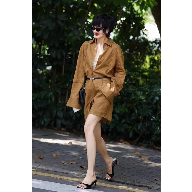 高端棕色亚麻防晒衬衫套装女春季薄宽松休闲衬衣时尚短裤两件套