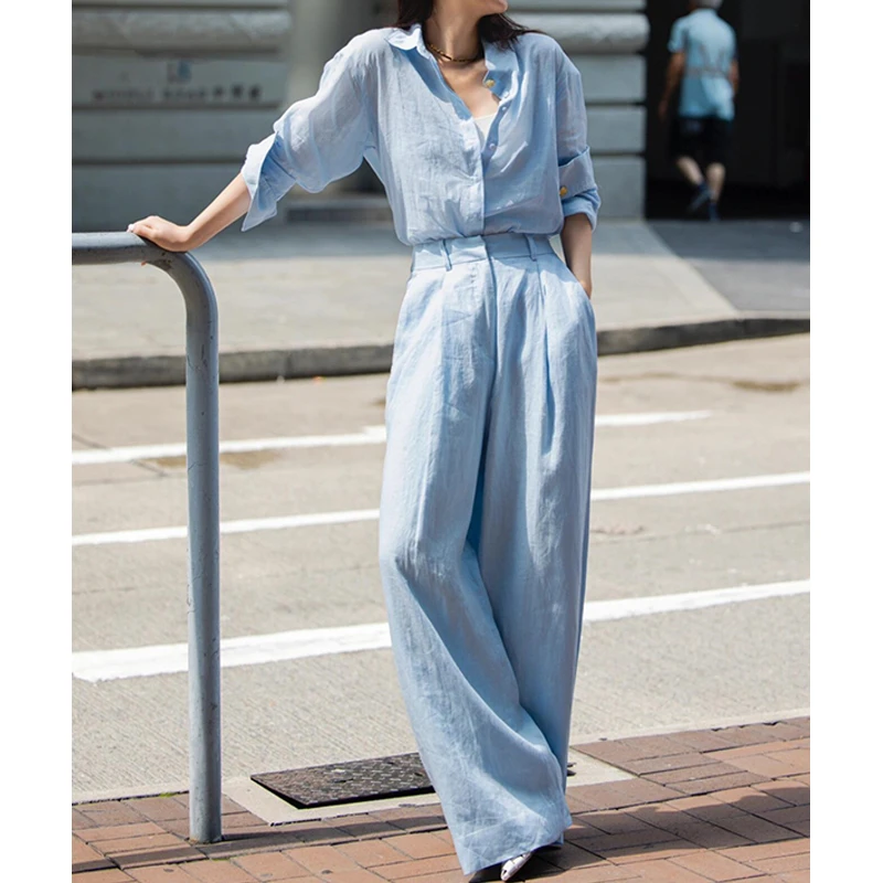 蓝色衬衫亚麻套装女2025夏季气质老钱风松弛感穿搭休闲棉麻两件套