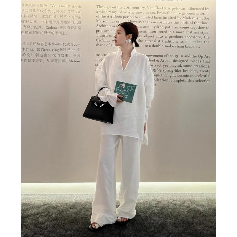 国风新中式白色衬衫套装女2024初秋优雅亚麻大V领上衣长裤两件套