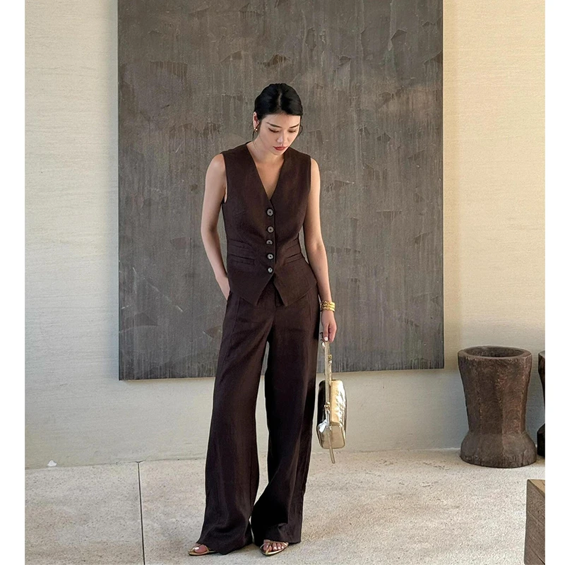 高端棉麻套装女法式复古高级感休闲穿搭轻奢亚麻马甲阔腿裤两件套