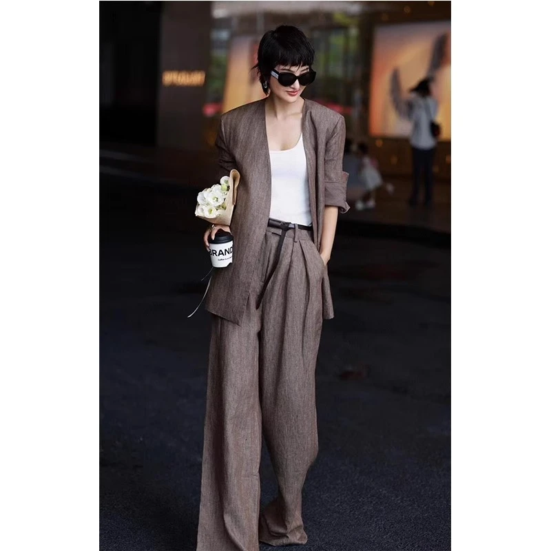 老钱风高级感亚麻套装女秋季时尚西装宽松外套气质阔腿长裤两件套