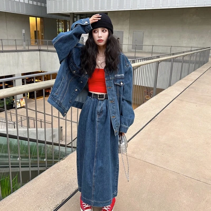 复古2025初秋牛仔套装女新款韩版休闲宽松洋气外套半身裙两件套潮