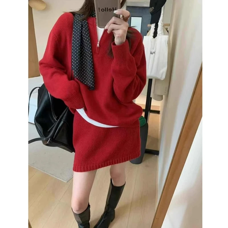 小香风针织套装女秋冬法式小个子圣诞穿搭休闲软糯毛衣短裙两件套