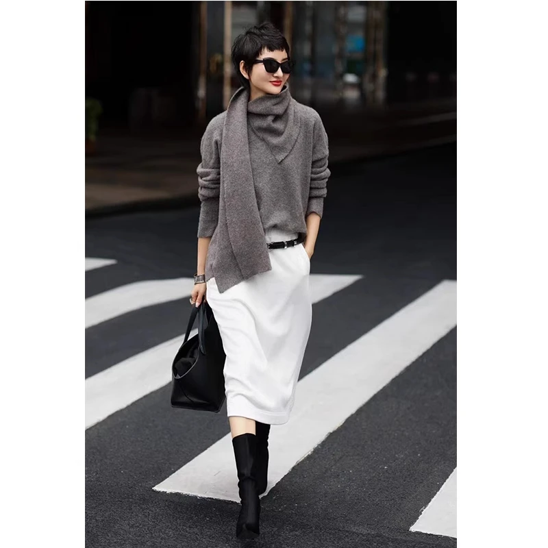 围脖秋冬针织衫毛衣女法式时髦高级感软糯小众慵懒风套头纯色上衣