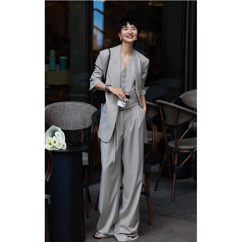 马甲外套气质休闲西装套装女2025早春御姐干练西服阔腿裤三件套