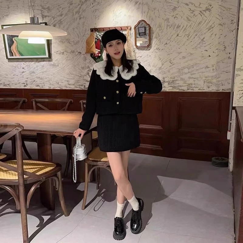 法式秋冬气质富家千金黑色小香风套装女名媛娃娃领外套短裙两件套