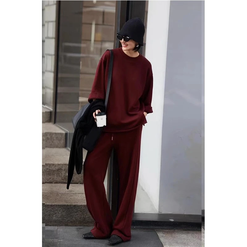 安可拉红初秋运动套装女慵懒风宽松显瘦圆领卫衣休闲阔腿裤两件套