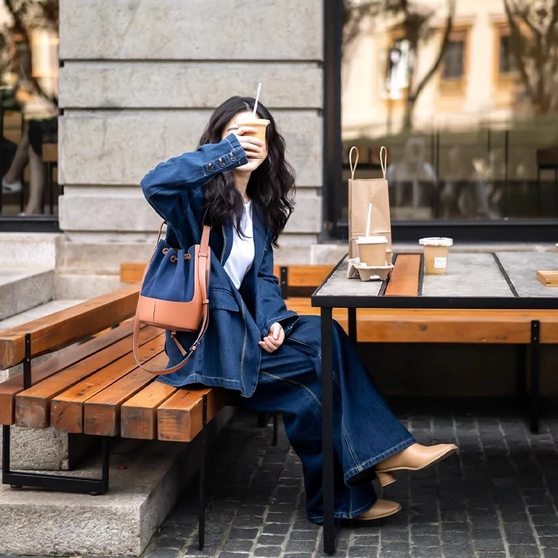 港风炸街春季复古牛仔套装女高级感时尚宽松西装外套阔腿裤两件套