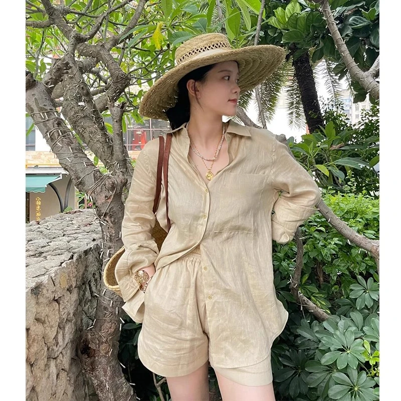 休闲度假亚麻衬衫套装女夏季韩系ins慵懒宽松防晒衬衣棉麻两件套