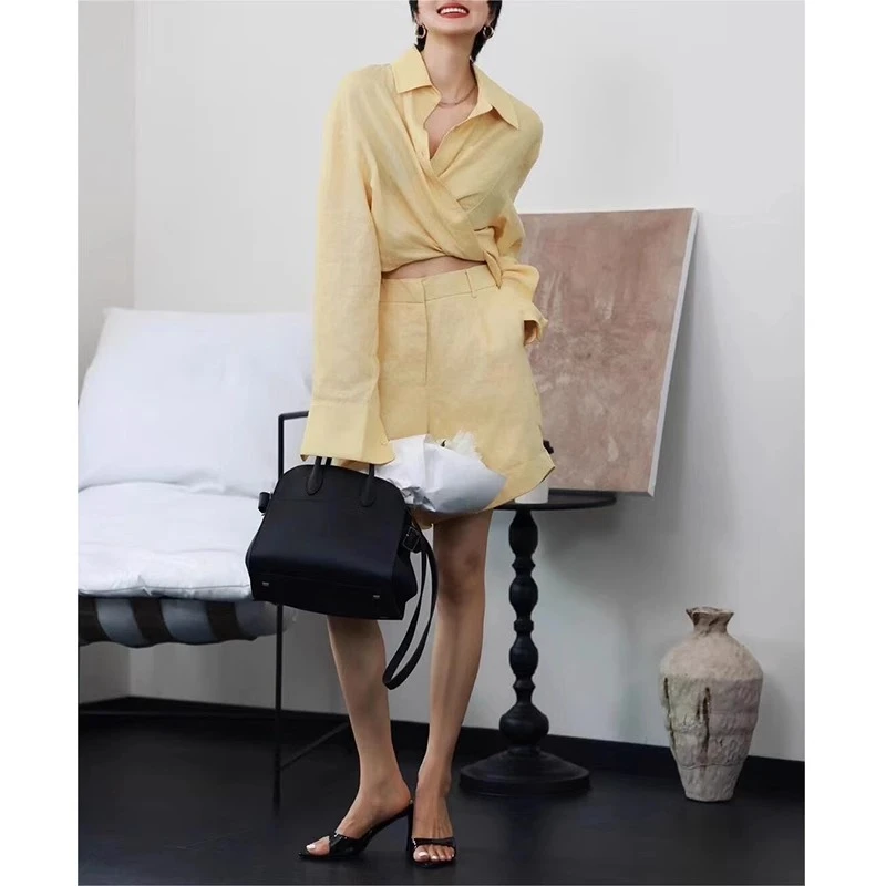 高端棉麻衬衫气质套装女春时尚高智感长袖休闲亚麻衬衫短裤两件套