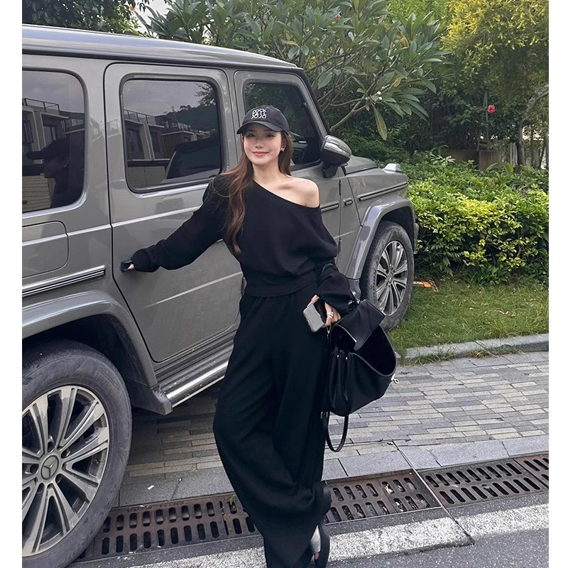 慵懒风黑色卫衣套装女秋冬新款韩系小个子运动斜肩上衣长裤两件套
