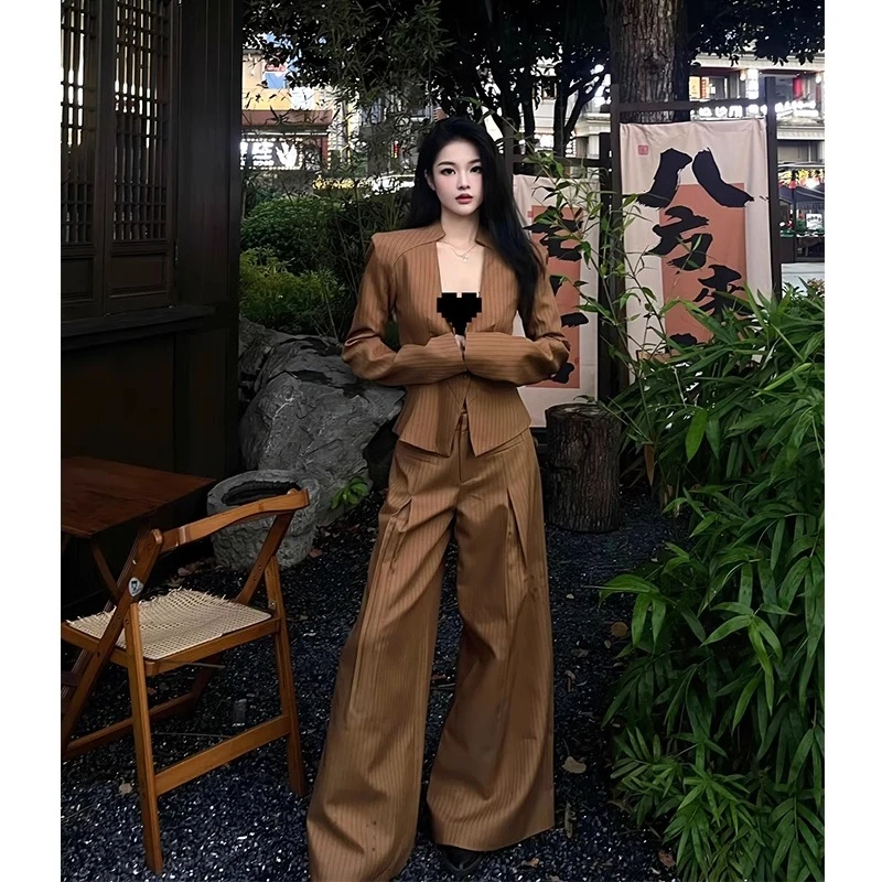 时尚西装套装女2025秋新款复古美式辣妹穿搭显瘦外套阔腿裤两件套