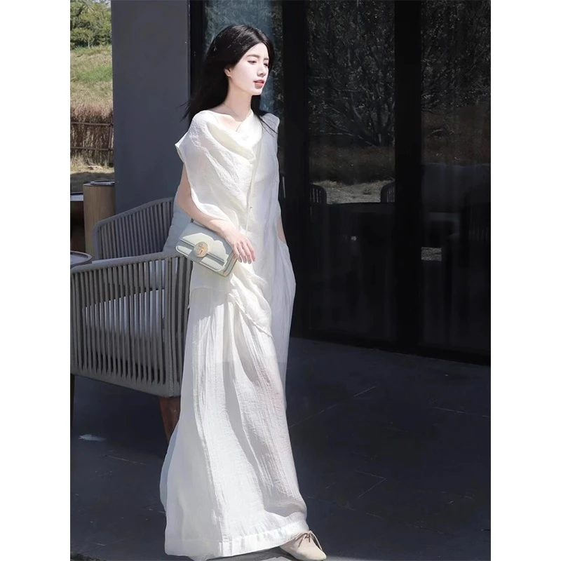 高级感白色无袖衬衫套装女夏季法式设计感亚麻高腰阔腿裤子两件套