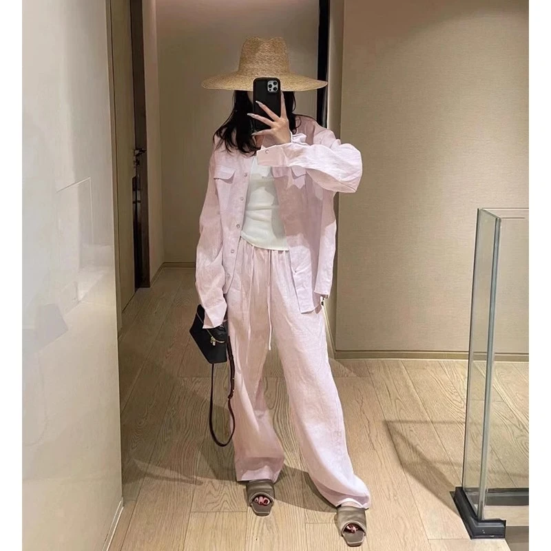 粉色亚麻衬衫套装女2025夏韩版休闲度假松弛感宽松棉麻衬衣两件套