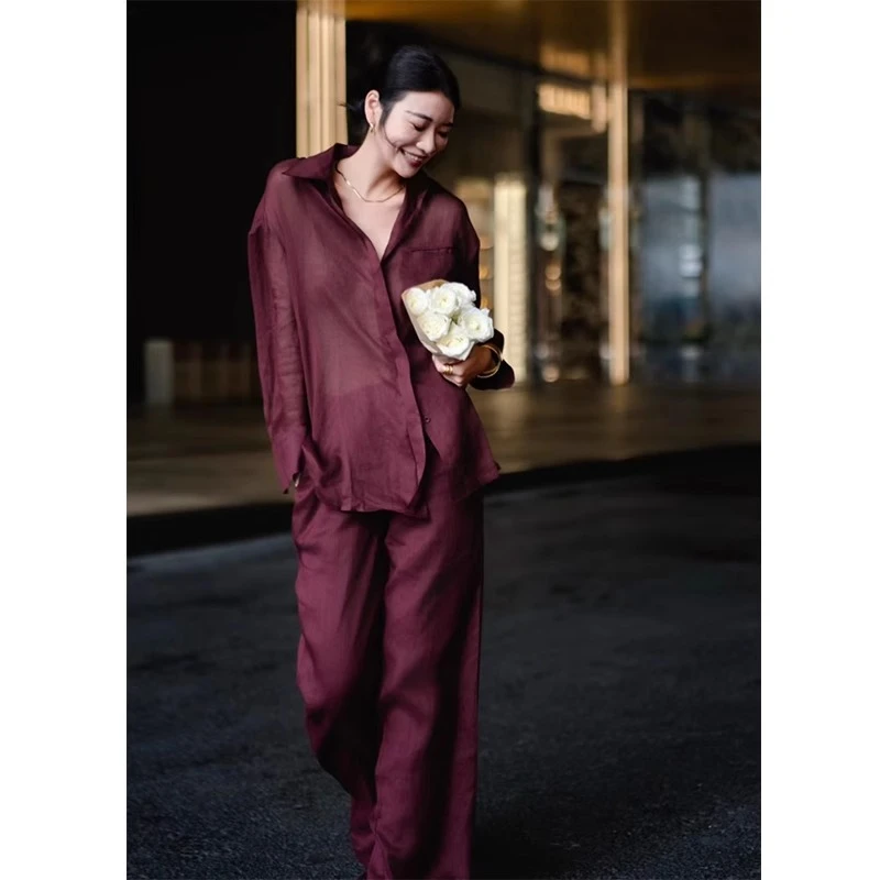 安可拉红色衬衫亚麻套装女2024秋新款时尚通勤长袖衬衣长裤两件套