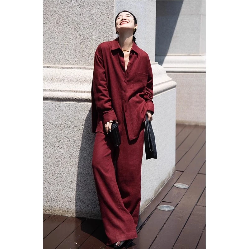 安可拉红初秋亚麻套装女穿搭高级慵懒松弛感宽松衬衫阔腿裤两件套